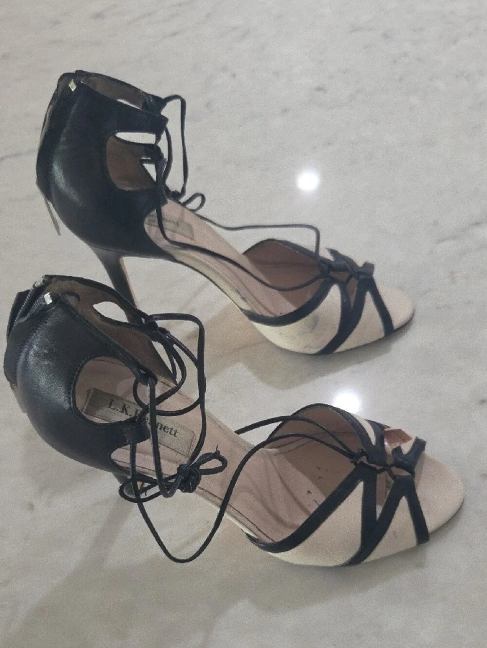 LK Bennett Black and Cream Lace-Up Open-Toe Heels